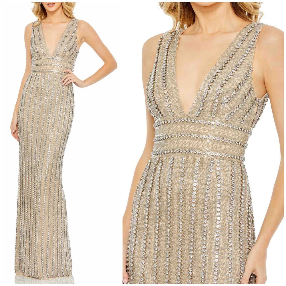 Mac Duggal NWT Plunging V-neck Sleeveless Sequin Jewel Embellished Gown Size 2